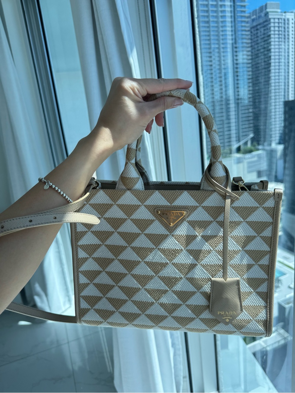 Prada Beige & Cream Geometric Canvas Tote
